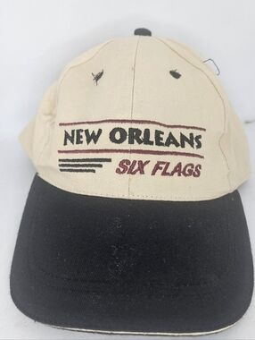 Six Flags New Orleans Themepark Adjustable Trucker Hat Adult Size Khaki Black. 